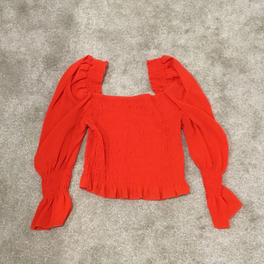 SHEIN Red Smocked Puff Sleeve Square Neck Top